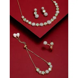 ZENEME Gold-Plated White & Green AD-Studded Handcrafted Jewellery Set-picture-22