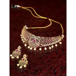 Zeneme Gold Plated White Red AD Studded Drop Pearl Beaded Jewellery Set-picture-24