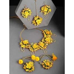 Zeneme Gold Plated Yellow Flower Pearl Beaded Jewellery Set-picture-34