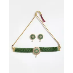 Zeneme Green Gold Plated AD Studded Beaded Jewellery Set image 4
