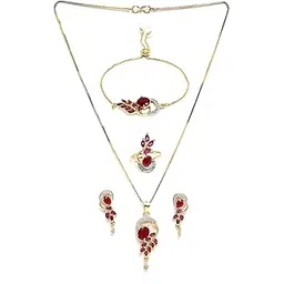 zeneme Jewellery Set American Diamond Gold Plated Traditional Style Necklace Pendant Set, Ring, Bracelet with Earring Jewellery for Women and Girls-picture-26