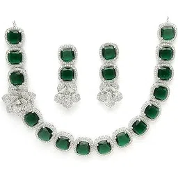 zeneme Jewellery Set Classic Style Rhodium Plated AD/American Diamond Studded Silver Plated Bejeweled Rose Necklace Jewellery Set for Women & Girls-picture-12