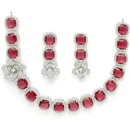 zeneme Jewellery Set Classic Style Rhodium Plated AD/American Diamond Studded Silver Plated Bejeweled Rose Necklace Jewellery Set for Women & Girls-picture-12