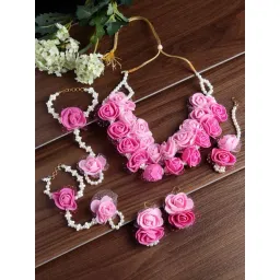 Zeneme Pink White Gold Plated Pearl Gota Patti Flower Jewellery Set-picture-38