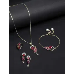 Zeneme Red 18K Gold Plated Cubic Zirconia Studded Handcrafted Jewellery Set-picture-30