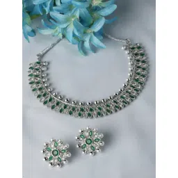 Zeneme Rhodium Plated AD Pearl Studded Necklace and Earrings Jewellery Set-picture-46