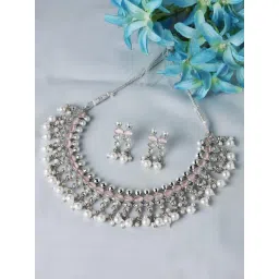 Zeneme Rhodium Plated AD Pearl Studded Necklace and Earrings Jewellery Set-picture-45