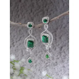 ZENEME Rhodium-Plated American Diamond Square Drop Earrings-picture-19