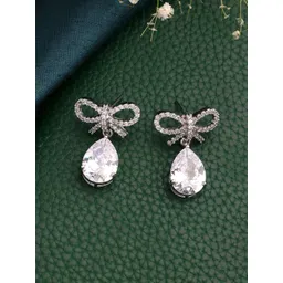ZENEME Rhodium Plated American Diamond Studded Bow Shaped Drop Earrings-picture-31