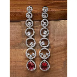 ZENEME Rhodium-Plated American Diamond Studded Circular Shaped Drop Earrings-picture-21