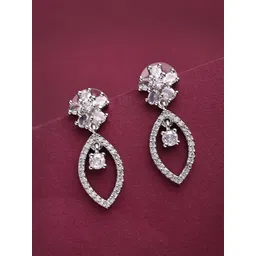 ZENEME Rhodium Plated American Diamond Studded Floral Shaped Drop Earrings-picture-31