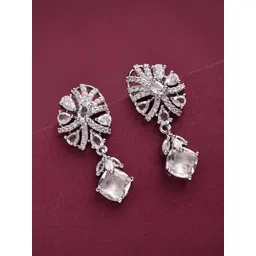 ZENEME Rhodium Plated American Diamond Studded Floral Shaped Drop Earrings-picture-37