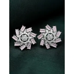 ZENEME Rhodium-Plated American Diamond Studded Floral Studs Earrings-picture-12