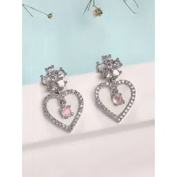ZENEME Rhodium Plated American Diamond Studded Heart Shaped Drop Earrings-picture-27