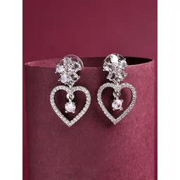 ZENEME Rhodium Plated American Diamond Studded Heart Shaped Drop Earrings-picture-28