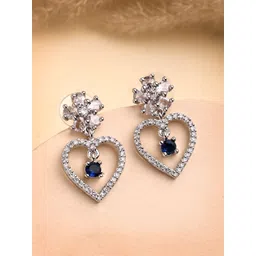 ZENEME Rhodium Plated American Diamond Studded Heart Shaped Drop Earrings-picture-29