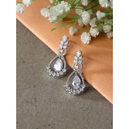 ZENEME Rhodium-Plated American Diamond studded Teardrop & Leaf Shaped Drop Earrings-picture-27