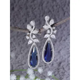 ZENEME Rhodium-Plated American Diamond Studded Teardrop Shaped Drop Earrings-picture-24