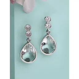 ZENEME Rhodium-Plated American Diamond Studded Teardrop Shaped Drop Earrings-picture-18