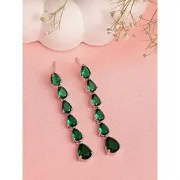 ZENEME Rhodium Plated American Diamond Studded Teardrop Shaped Earrings-picture-34