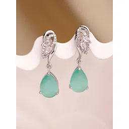 ZENEME Rhodium Plated American Diamond Studded Teardrop Shaped Earrings-picture-35