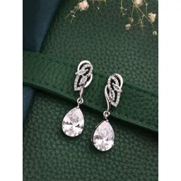 ZENEME Rhodium Plated American Diamond Studded Teardrop Shaped Earrings-picture-37