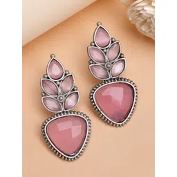 ZENEME Rhodium-Plated Artificial Stones Studded Contemporary Oxidised Drop Earrings-picture-10