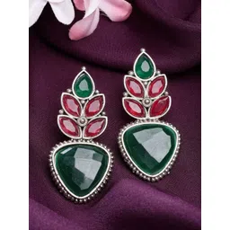 ZENEME Rhodium-Plated Artificial Stones Studded Contemporary Oxidised Drop Earrings-picture-11