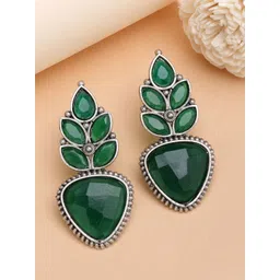 ZENEME Rhodium-Plated Artificial Stones Studded Contemporary Oxidised Drop Earrings-picture-37