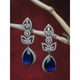 Zeneme Rhodium Plated Blue AD Studded Teardrop Shaped Drop Earrings-picture-39