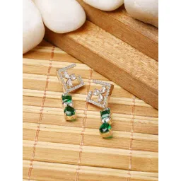 Zeneme Rhodium Plated Brass Crystal AD Geometric Drop Contemporary Earrings-picture-30