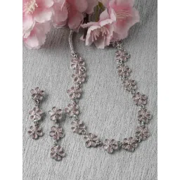 Zeneme Rhodium Plated Flower Shaped AD Studded Necklace and Earrings Jewellery Set-picture-32