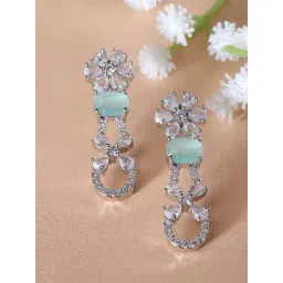 Zeneme Rhodium Plated Green AD Studded Handmade Floral Drop Earrings-picture-28