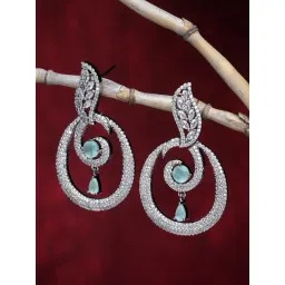 Zeneme Rhodium Plated Green AD Studded Oval Shaped Drop Earrings-picture-31