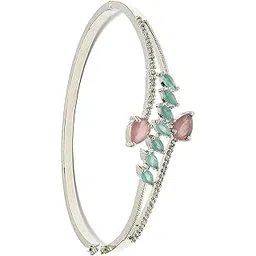 zeneme Rhodium Plated Leaf American Diamond Bangle Silver Plated Contemporary Brass Kada Designer Bracelet For Women & Gifts For Girls-picture-11