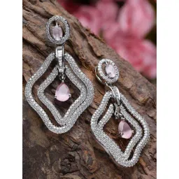 Zeneme Rhodium Plated Pink AD Studded Contemporary Drop Earrings-picture-21