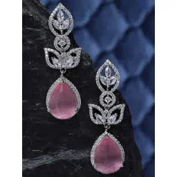 Zeneme Rhodium Plated Pink AD Studded Teardrop Shaped Drop Earrings-picture-34
