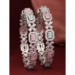Zeneme Rhodium Plated Pink & Green AD Crystal Bangles for Women & Girls Set of 2-picture-48