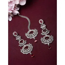 Zeneme Rhodium Plated Red AD Contemporary Earring & Maang Tikka Set-picture-35