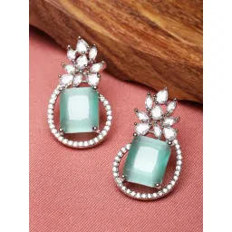 Zeneme Rhodium Plated Silver Green AD Studded Paisley Drop Earrings-picture-10