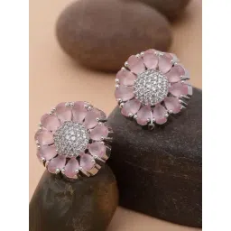 Zeneme Rhodium Plated Silver Pink Crystal AD Studded Floral Shaped Stud Earrings-picture-45