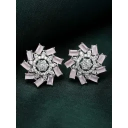 Zeneme Rhodium Plated Silver Pink Crystal AD Studded Floral Shaped Stud Earrings-picture-29