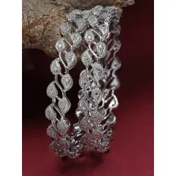 Zeneme Rhodium Plated Silver Toned AD Studded Bangles for Women Set of 2-picture-36