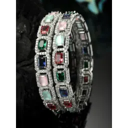 Zeneme Rhodium Plated Silver Toned American Diamond Studded Bangles Set of 2-picture-14