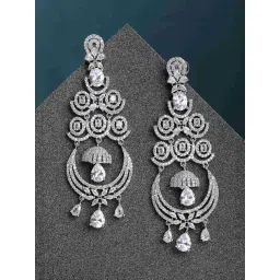 Zeneme Rhodium Plated Silver Toned American Diamond Studded Chandelier Earrings-picture-47