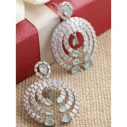 Zeneme Rhodium Plated Silver Toned Green AD Contemporary Dangler Earrings-picture-12
