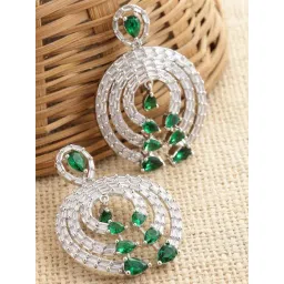 Zeneme Rhodium Plated Silver Toned Green AD Contemporary Dangler Earrings-picture-47