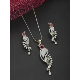 Zeneme Rhodium Plated Silver Toned Grey American Diamond Jewellery Set-picture-24