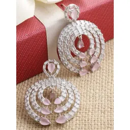 Zeneme Rhodium Plated Silver Toned Pink AD Contemporary Dangler Earrings-picture-43