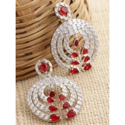Zeneme Rhodium Plated Silver Toned Red AD Contemporary Dangler Earrings-picture-16